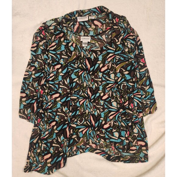 Chicos Traveler Colorful Art Abstract  2 Piece Open Front Cardigan And Tank Sz 3 - Picture 1 of 7